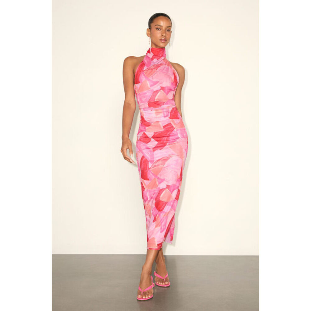 Lulus Idyllic In Ibiza Pink Abstract Print Mock Neck Halter Midi Dress - Size L